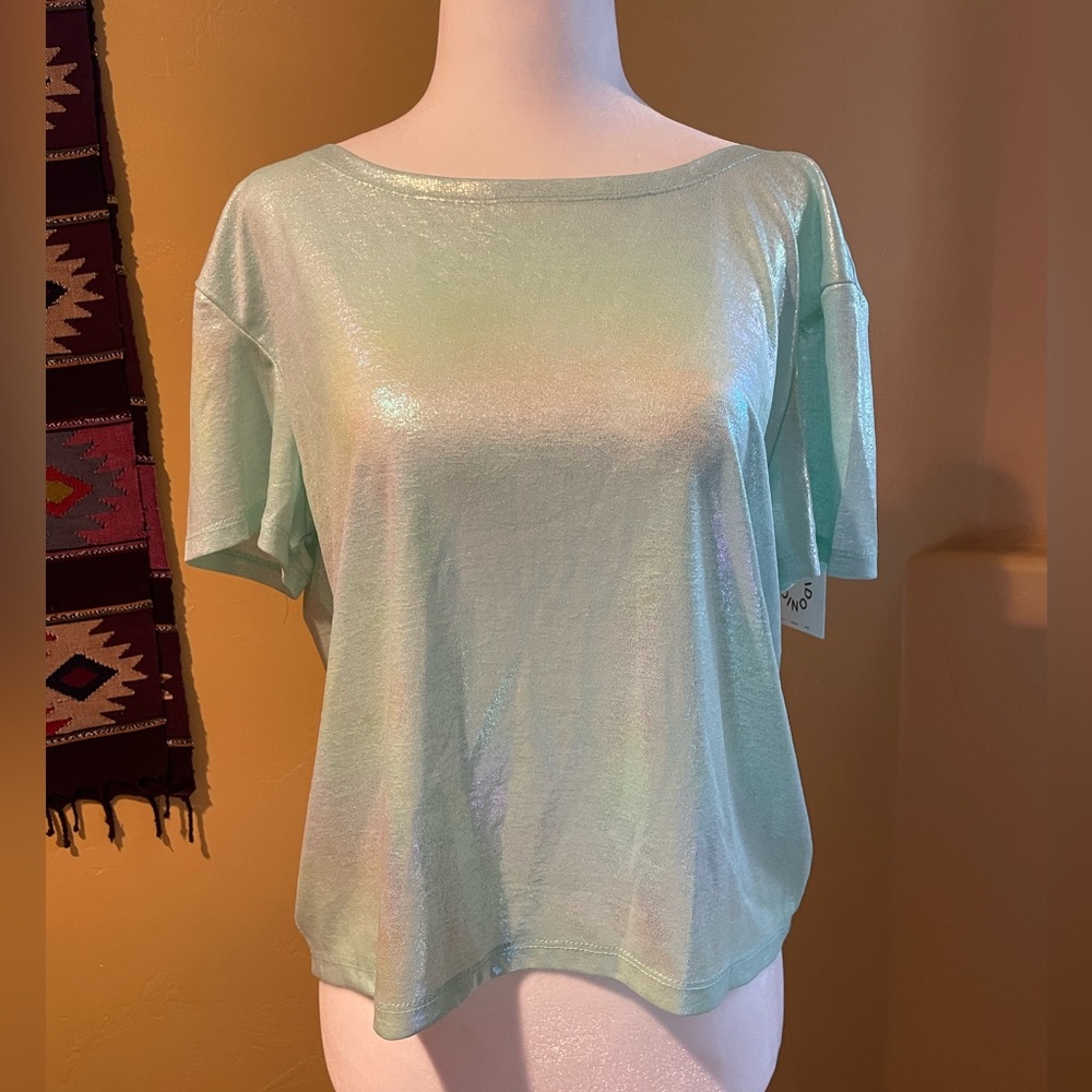 Metallic aquamarine twist-back top